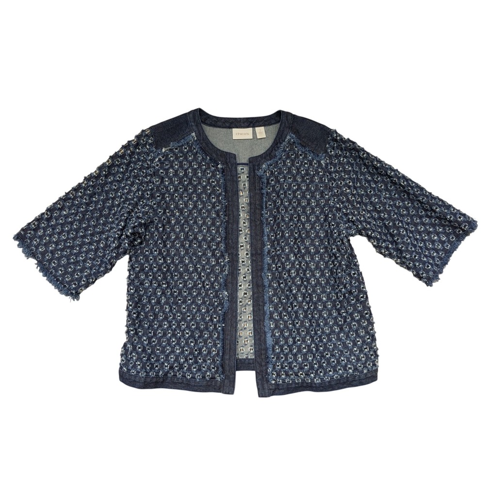 Chico's Navy Blue Textured Open Front Jean Jacket